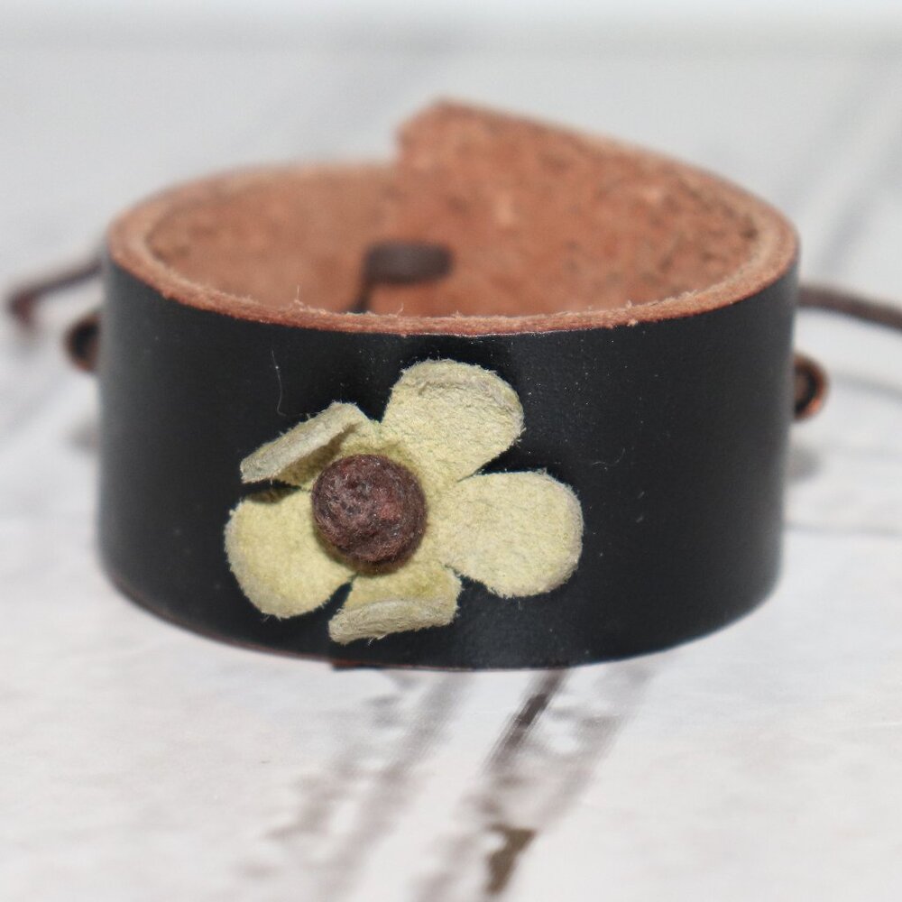 Black leather cuff bracelet with flower Adjustable
